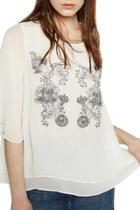 Oasap Women's Round Neck Three Quarter Sleeve Double Layer Embroidery Blouse