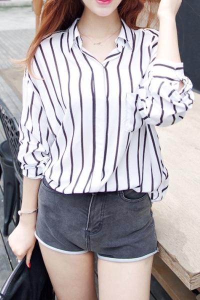 Oasap Fashion Stripe Printed Button Down Blouse