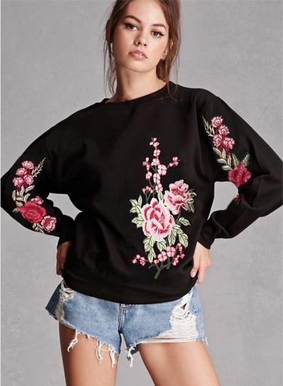 Oasap Fashion Rose Embroidery Loose Pullover Sweatshirt