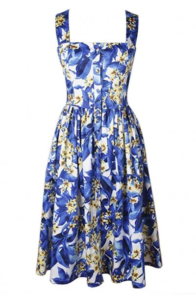 Oasap Sweet Floral Print Midi Dress