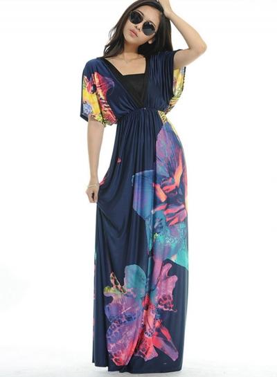 Oasap V Neck Short Sleeve Printed Bech Maxi Dress