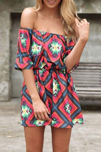 Oasap Off-the-shoulder Geo Pattern Rompers
