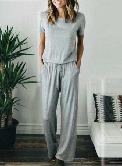Oasap Fashion Short Sleeve Drawstring Waist Solid Jumpsuit