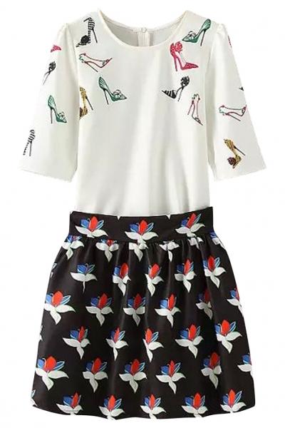 Oasap White Top Skater Skirt Matching Sets