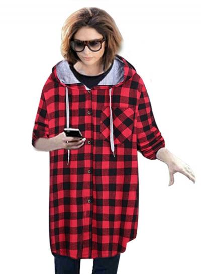 Oasap Fashion Plaid Button Down Hooded Cardigan