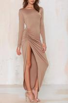Oasap Fashion Gathered High Slit Backless Maxi Dress