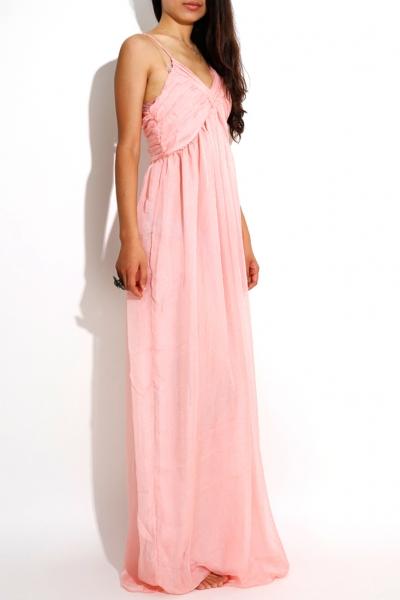 Oasap Elegant Solid V Neck Layered Pleated Swing Maxi Dress