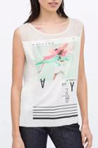 Oasap Fashion Mesh Paneled Print Sleeveless High Low Design Tee