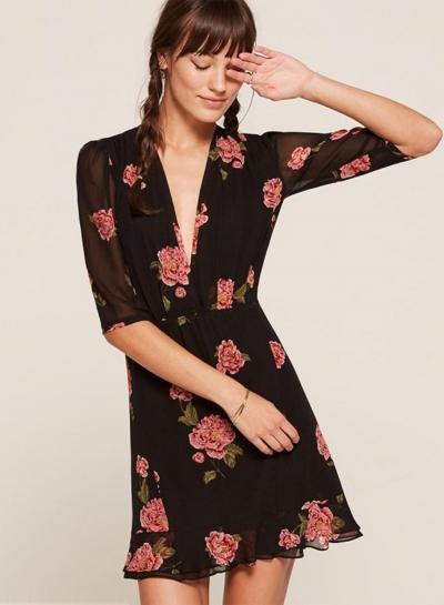 Oasap V Neck Floral Print Flounce Panel Dress