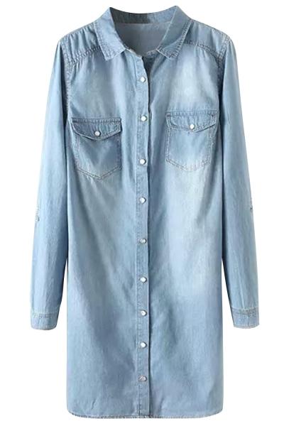 Oasap Casual Wash Denim Button Down Long Shirt With Pockets