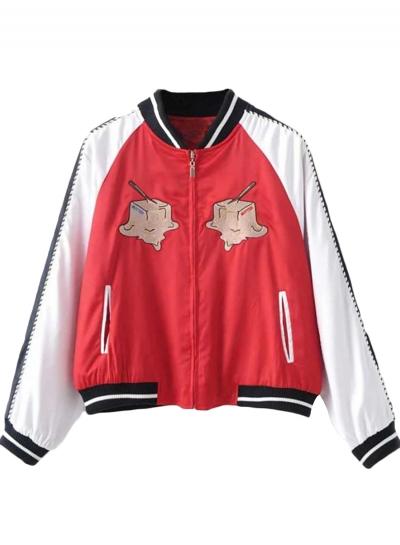 Oasap Women's Red Embroidery Zipper Up Varsity Jacket