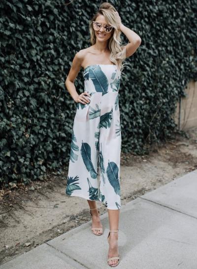 Oasap Strapless Off Shoulder Leaf Print Jumpsuit