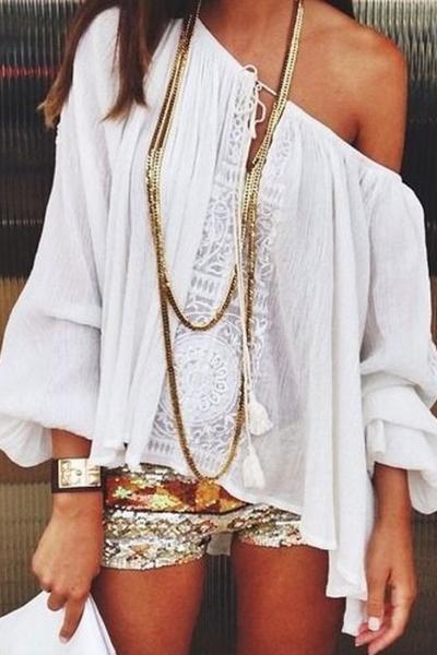 Oasap Chic Embroidery Lace Splicing Off-the-shoulder Blouse