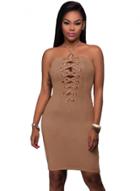Oasap Grommet Lace-up Halter Suede Bodycon Dress