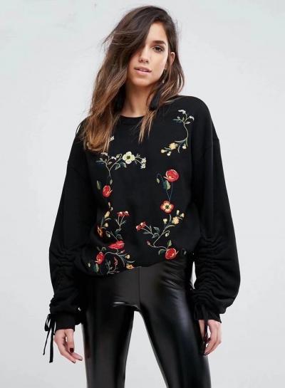 Oasap Floral Embroidery Long Sleeve Lace Up Pullover Sweatshirt
