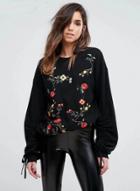 Oasap Floral Embroidery Long Sleeve Lace Up Pullover Sweatshirt