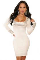 Oasap White Pleated Studded Long Sleeves Dress