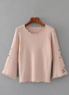 Oasap Round Neck Flare Sleeve Floral Embroidery Knitwear
