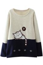 Oasap Sweet Cartoon Cat Embroidery Color Block Sweatshirt