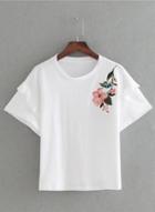 Oasap Round Neck Flounce Sleeve Floral Embroidery Tee Shirts