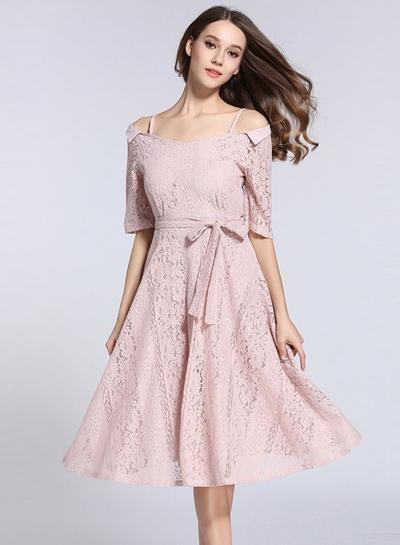 Oasap Spaghetti Strap Slash Neck Lace A-line Dress