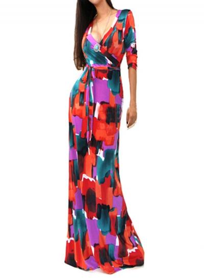 Oasap Fashion Deep V Neck 3/4 Sleeve Printed Maxi Dress