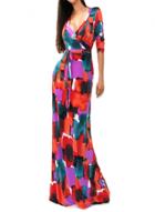 Oasap Fashion Deep V Neck 3/4 Sleeve Printed Maxi Dress