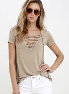 Oasap V Neck Lace Up Short Sleeve Tee Shirt