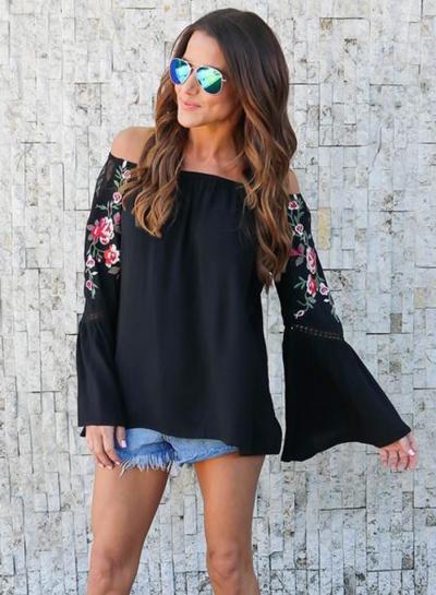 Oasap Off Shoulder Floral Embroidery Slash Neck Blouse