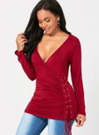 Oasap V Neck Long Sleeve Lace Up Pullover Tee Shirt