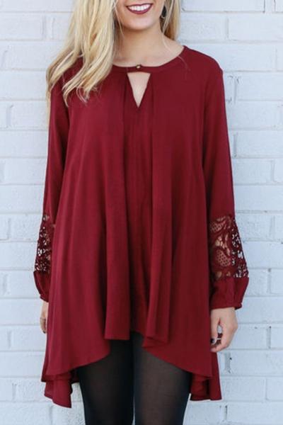 Oasap Burgundy Cut-out Front Lace Paneled Asymmetric Dress