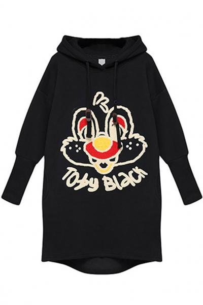 Oasap Toby Black Cartoon Rabbit Long Hoodie