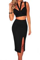 Oasap Sexy Halter Neck Sleeveless Black Skirt Set