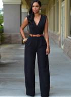 Oasap V Neck Sleeveless Wide-leg Jumpsuit With Belt