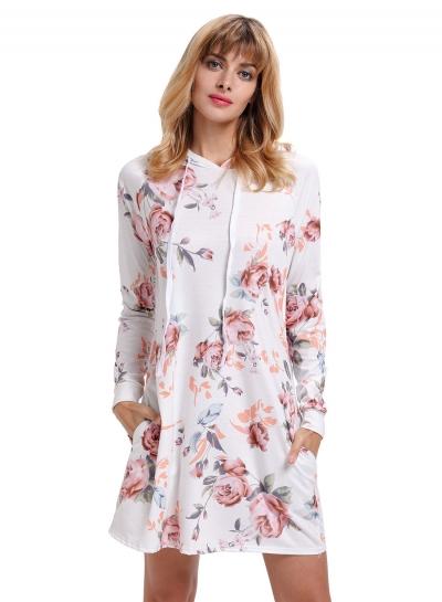Oasap Hooded Long Sleeve Floral Printed Pullover Dress