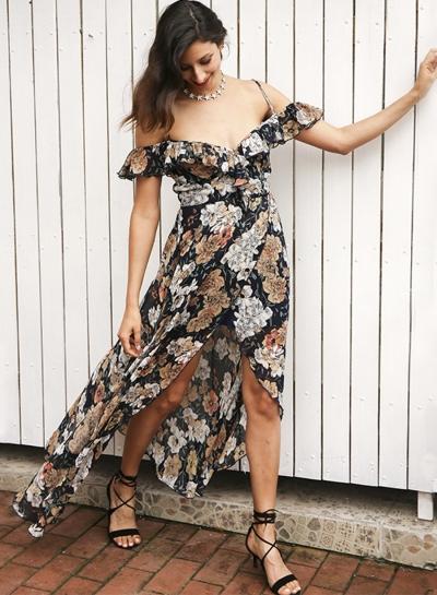 Oasap Spaghetti Strap Flounce Panel Floral Dress