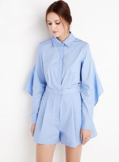 Oasap Turn-down Collar Long Sleeve Flounce Panel Solid Color Romper