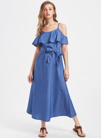 Oasap Flounce Panel Tie Waist Denim Slip Dress