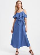 Oasap Flounce Panel Tie Waist Denim Slip Dress