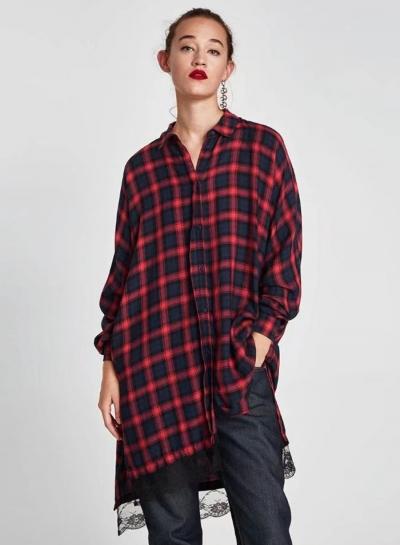 Oasap Fashion Long Sleeve Lace Panel Plaid Loose Shirt