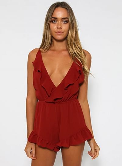 Oasap V Neck Sleeveless Backless Ruffle Solid Romper