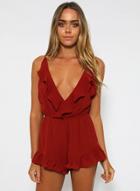 Oasap V Neck Sleeveless Backless Ruffle Solid Romper