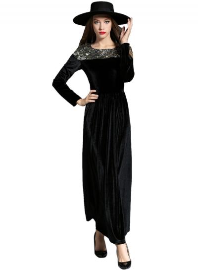 Oasap Women's Sequin Trim Long Sleeve Velvet Prom Dress