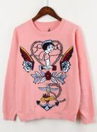 Oasap Round Neck Long Sleeve Floral Embroidery Wool Sweaters