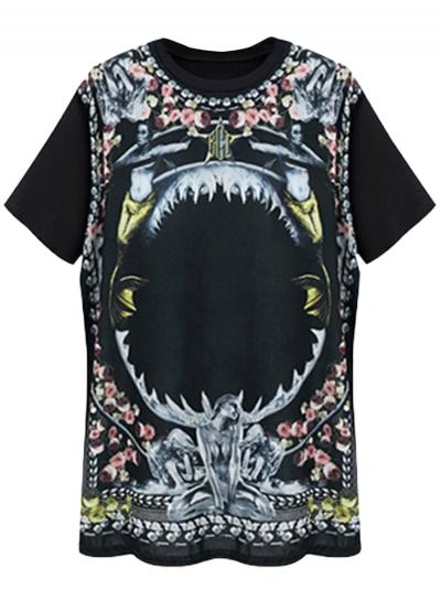 Oasap Women's Floral Print Round Neck Loose Fit Knit Tee