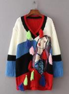 Oasap V Neck Long Sleeve Color Block Tassels Decoration Sweater
