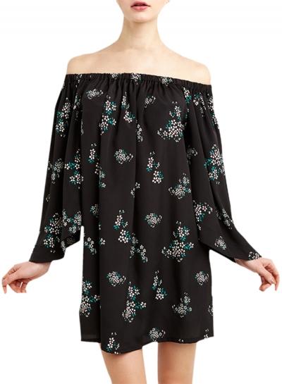 Oasap Women's Slash Neck Off-shoulder Floral Print Long Sleeve Dress