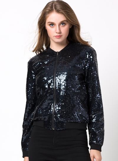 Oasap Fashion Sequins Decoration Full Zip Jacket