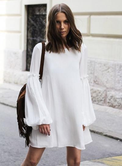 Oasap Solid Lantern Sleeve Backless Mini Dress