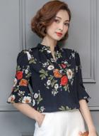 Oasap Stand Collar Flounce Sleeve Floral Printed Shirts